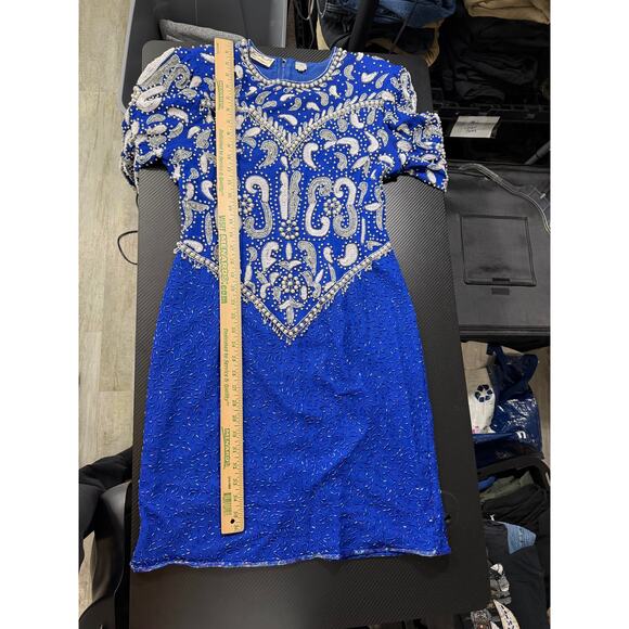 Vintage Silk Cocktail Dress Blue Sequin Beaded Avant Garde - Scala Size Med/Lrg - Picture 7 of 16